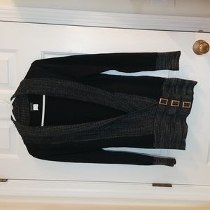 VENUS Sweater, XS, shawl collar, black and gray, long, 3 gold buckles at bottom,